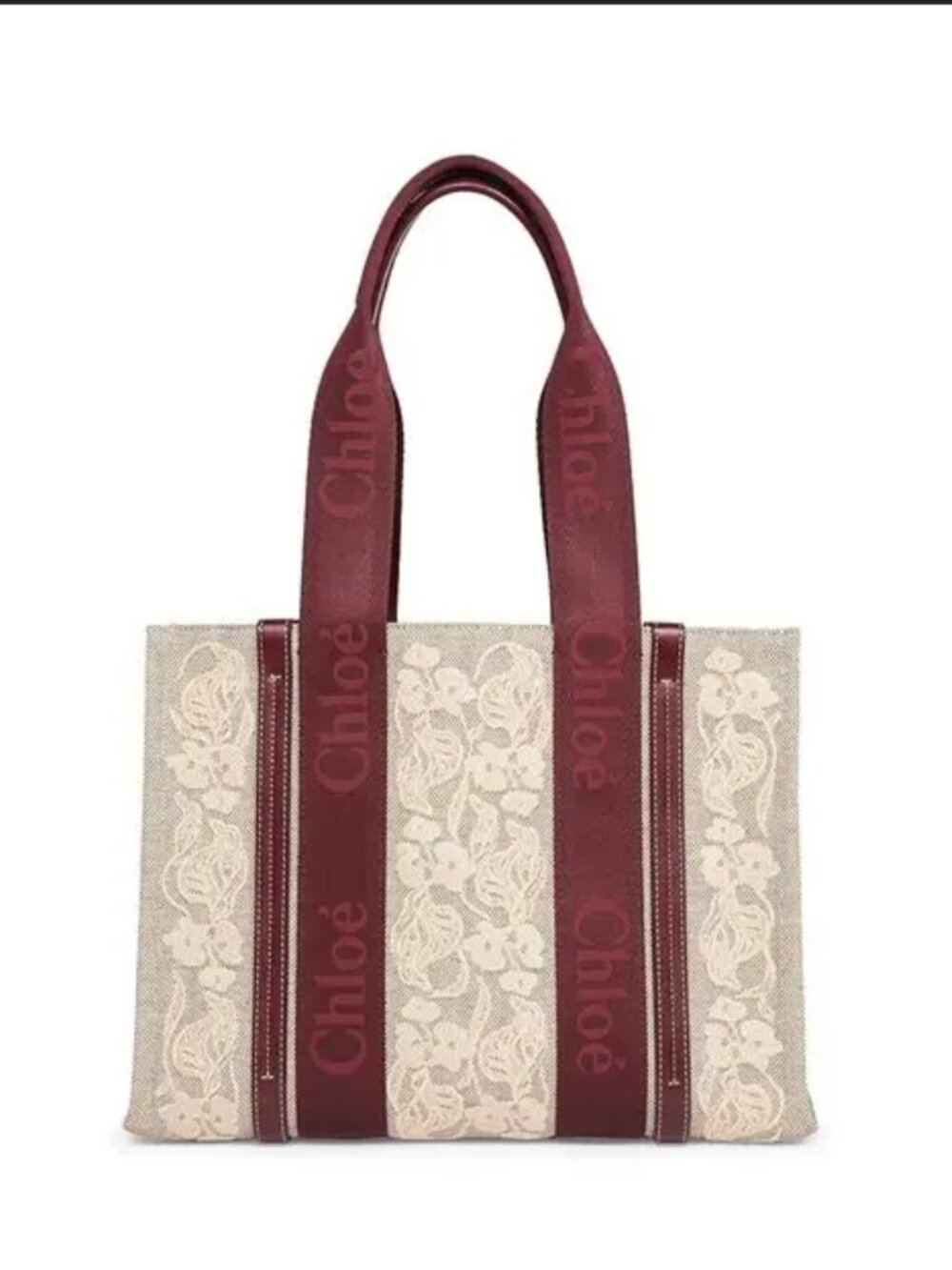 Chloé Woody Medium Tote Embroidered Canvas Bag - Burgundy - NWT